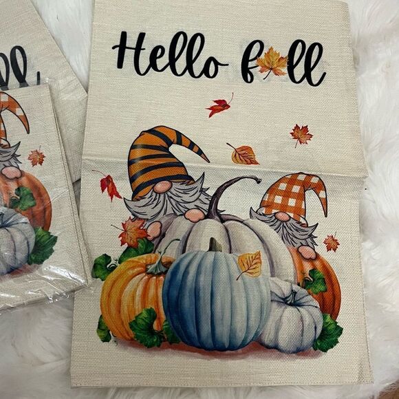 Hello Fall Gnome Pumpkin Canvas Fabric Flag 18x12 New - Picture 1 of 3